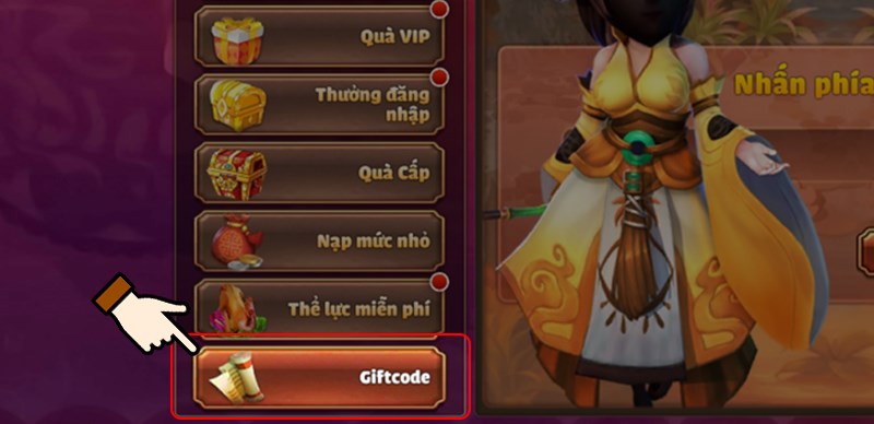 Nhấn chọn mục Giftcode