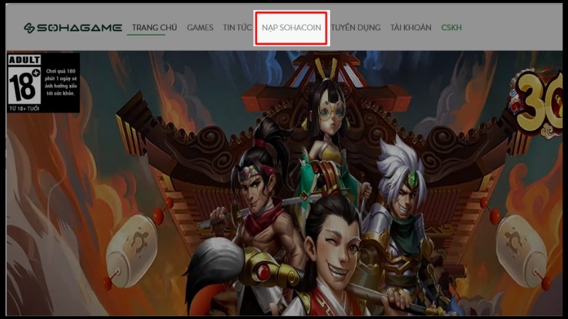 Bước 1:&nbsp;V&agrave;o trang chủ SohaGame > Chọn NẠP SOHACOIN.