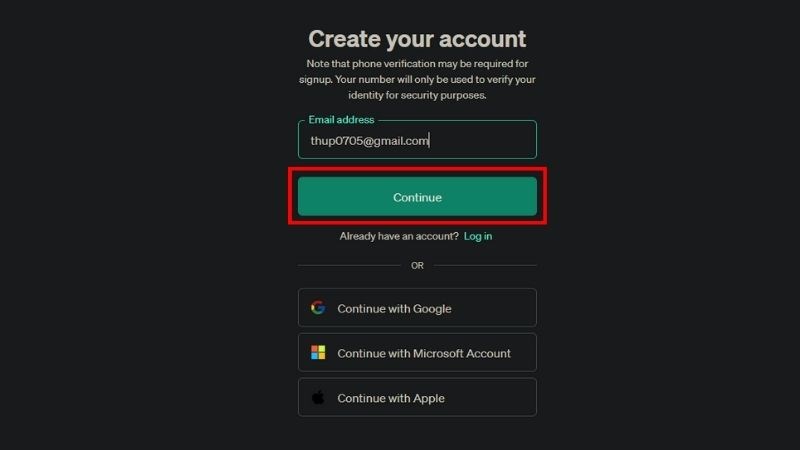 Bước 2: Nhập email dùng để đăng ký ChatGPT