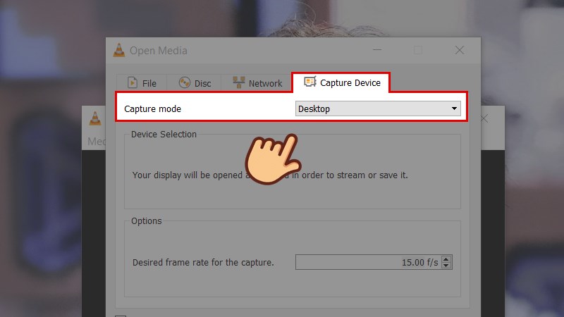 Tại bảng hiện ra chọn mục Capture Device, chọn vào biểu tượng mũi tên của mục Capture mode và chọn tiếp Desktop