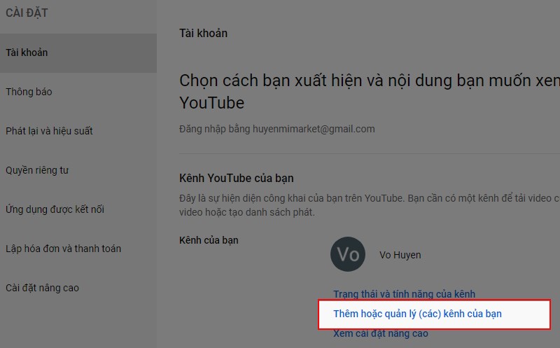 Click v&agrave;o Th&ecirc;m hoặc quản l&yacute; (c&aacute;c) k&ecirc;nh của bạn