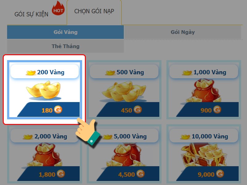 Chọn g&oacute;i v&agrave;ng bạn muốn nạp