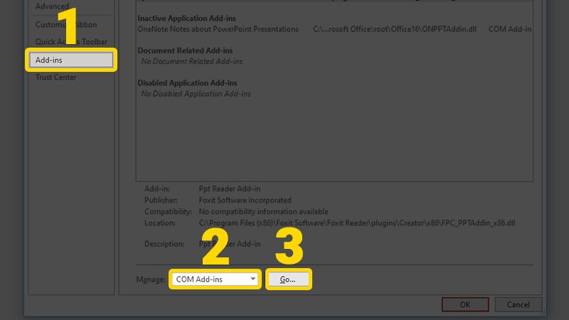 Chọn t&ugrave;y chọn COM Add-ins v&agrave; bấm Go