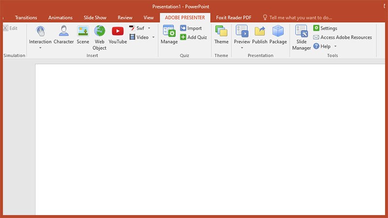 Adobe Presenter đ&atilde; c&oacute; tr&ecirc;n thanh menu
