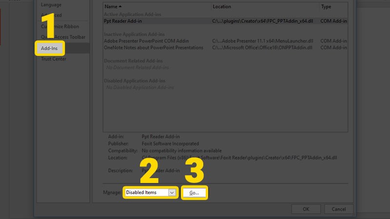 Chọn Disable Items v&agrave; bấm Go