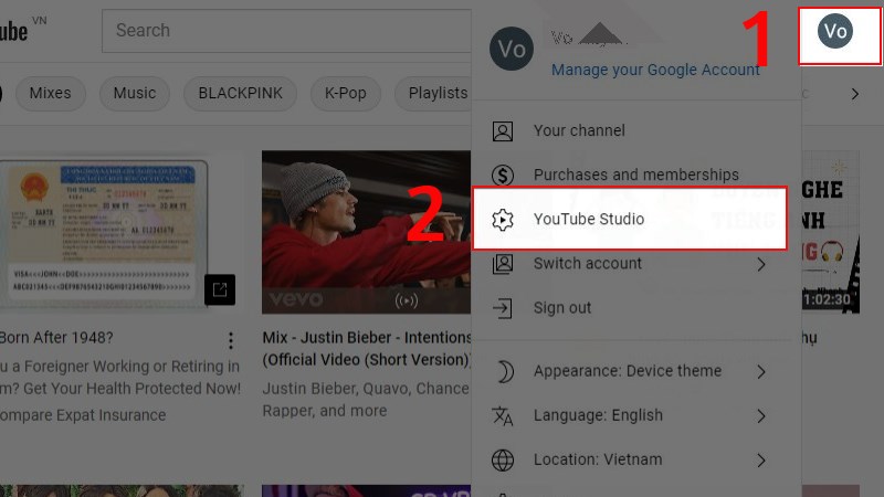 Nhấn vào biểu tượng tài khoản và chọn mục YouTube Studio