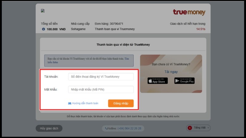 Nếu chọn&nbsp;TrueMoney: Xuất hiện giao diện đăng nhập > Thực hiện điền th&ocirc;ng tin t&agrave;i khoản v&agrave; mật khẩu để đăng nhập v&agrave;o TrueMoney v&agrave; thanh to&aacute;n