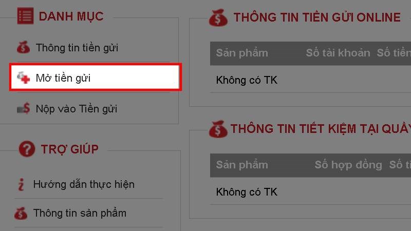 Chọn Mở tiền gửi