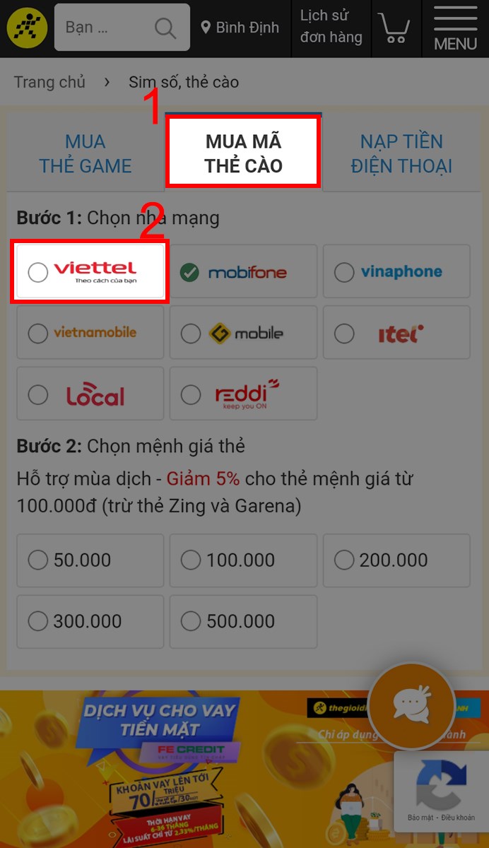 Chọn mục Mua mã thẻ cào và chọn nhà mạng Viettel