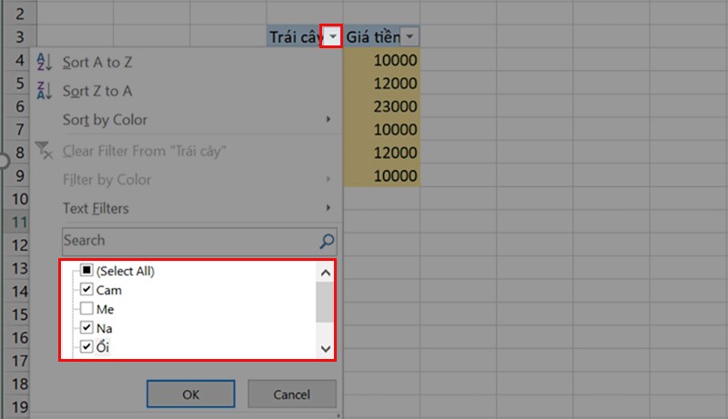 Trong bảng danh mục số hoặc chữ được hiển thị, bỏ chọn phần Select All ở đầu list, rồi check chọn vào các ô chứa dữ liệu mong muốn hiển thị trong bảng