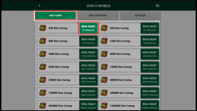 Bước 3:&nbsp;Chọn mục&nbsp;Nạp game&nbsp;> Chọn số lượng kim cương bạn muốn mua v&agrave; ấn&nbsp;Mua ngay&nbsp;(bạn cần đảm bảo SohaCoin của bạn đủ để mua số lượng kim cương m&agrave; bạn muốn).