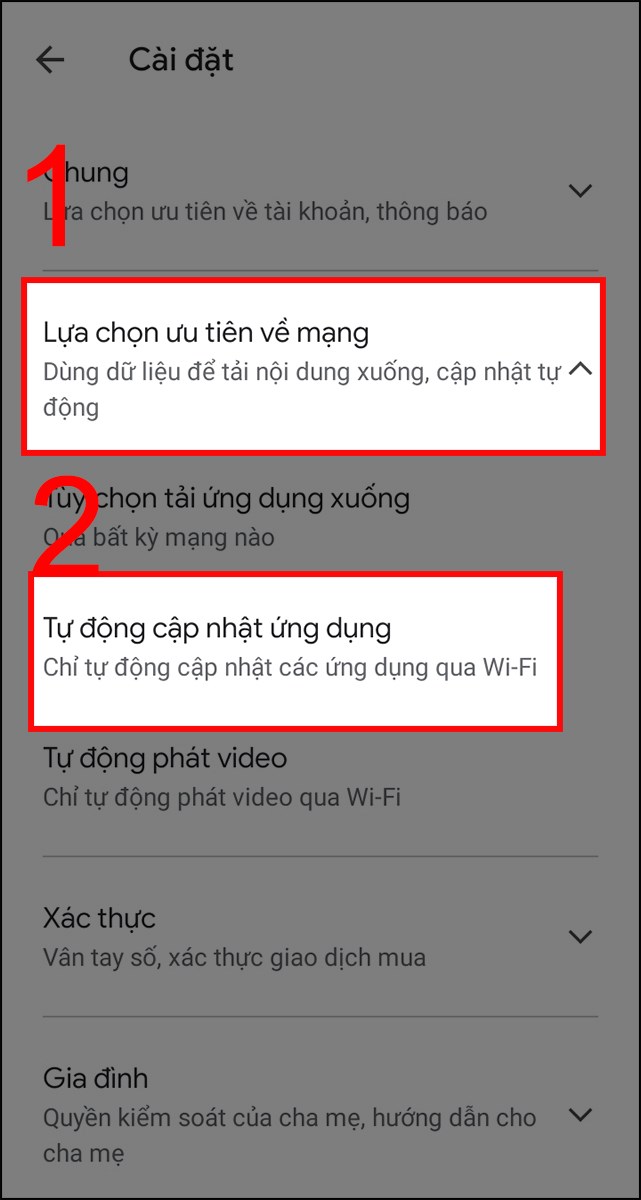 Nhấn vào Lựa chọn ưu tiên về mạng, chọn tiếp Tự động cập nhật ứng dụng. Nhấn vào Lựa chọn ưu tiên về mạng, chọn tiếp Tự động cập nhật ứng dụng