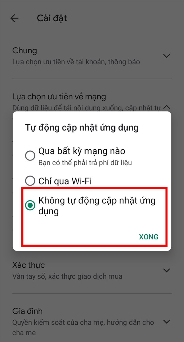 Tick chọn vào ô Không cập nhật ứng dụng và nhấn Xong Tick chọn vào ô Không cập nhật ứng dụng và nhấn Xong