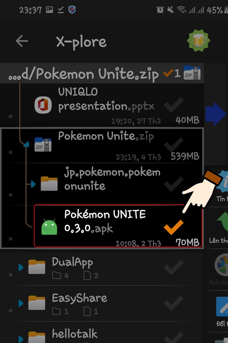 Chuyển lại sang tab bên trái > Chọn file Pokemon Unite.apk