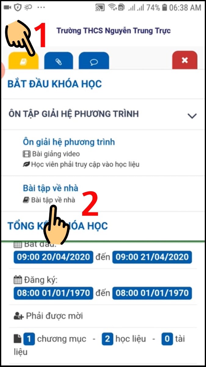 Nhấn vào biểu tượng cuốn sách và bấm chọn mục Bài tập về nhà