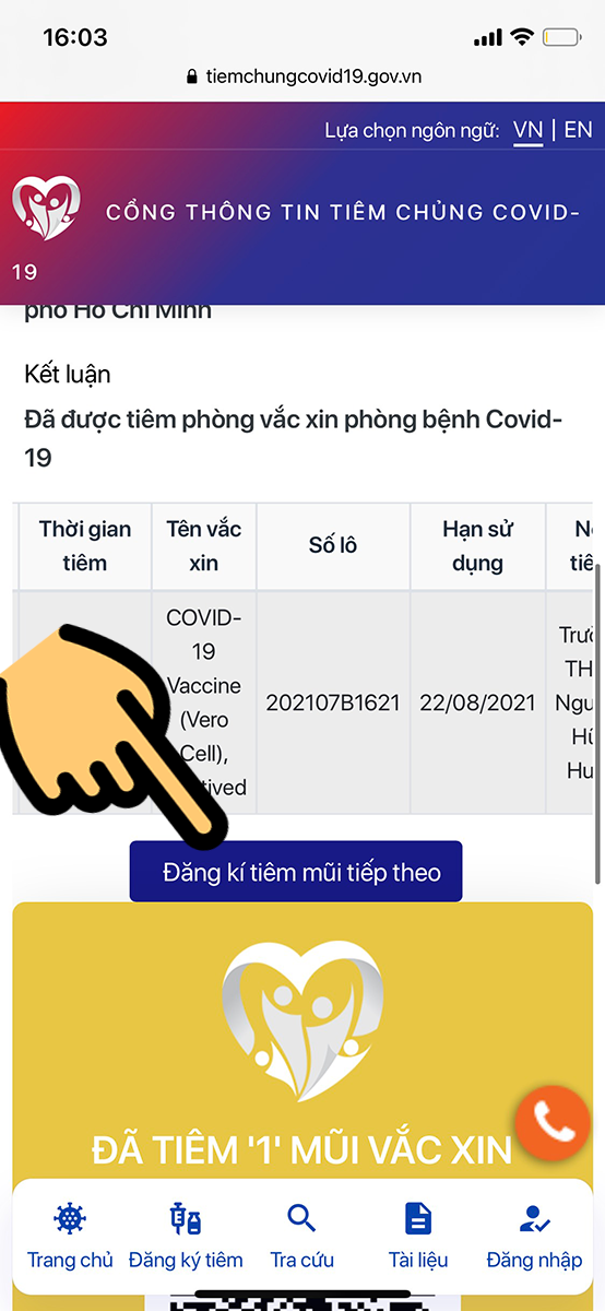Chọn mục Đăng k&yacute; ti&ecirc;m mũi tiếp theo