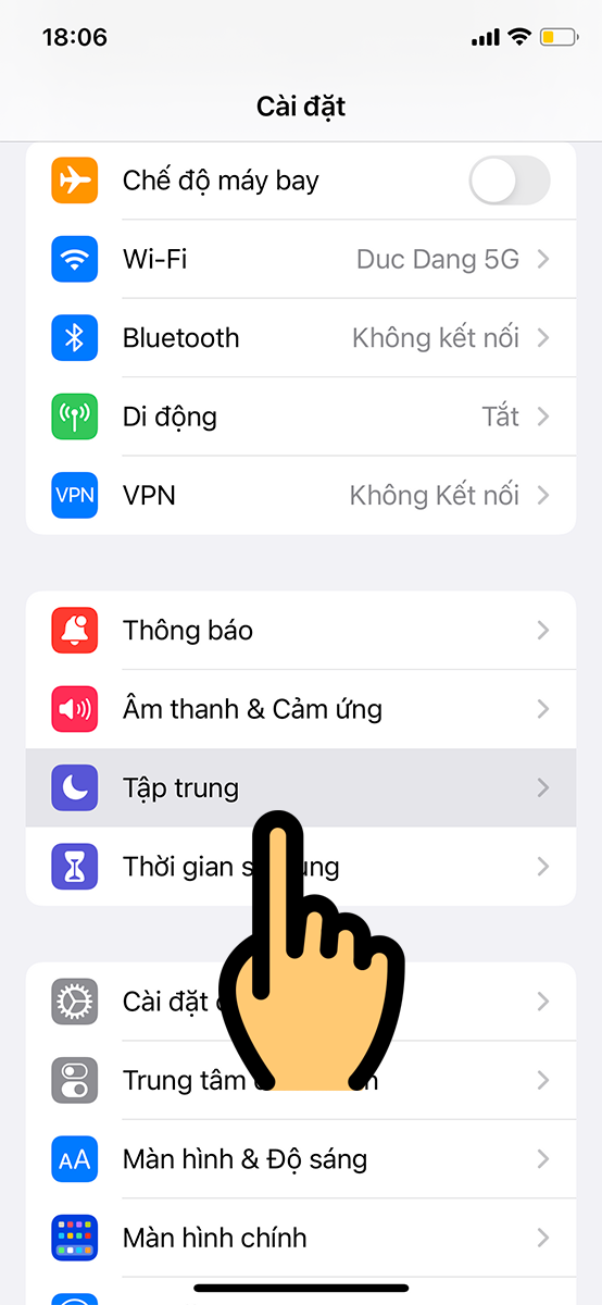 Bạn vào Cài đặt và chọn Tập trung