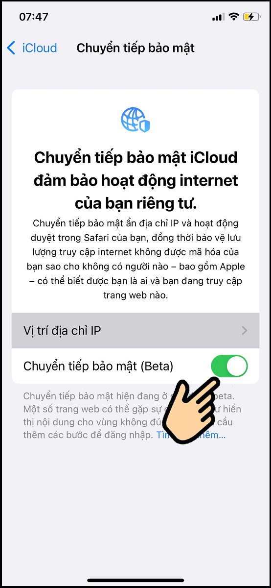 Tại Chuyển tiếp bảo mật (Beta) bật lên bằng cách gạt thanh gạt sang phải