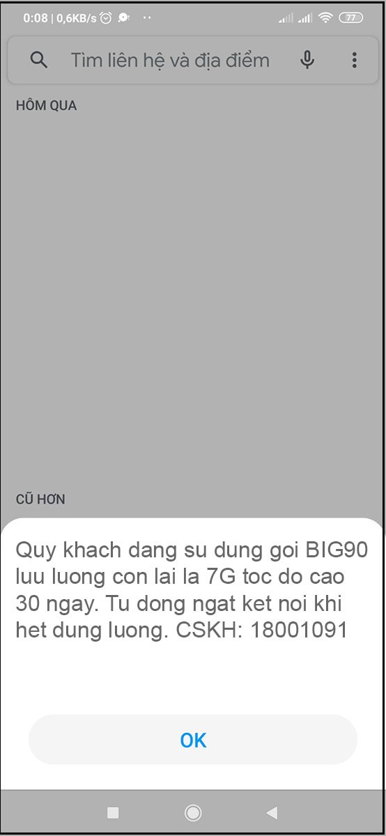 hệ thống sẽ gửi lại thông báo về dung lượng gói cước bạn đang dùng