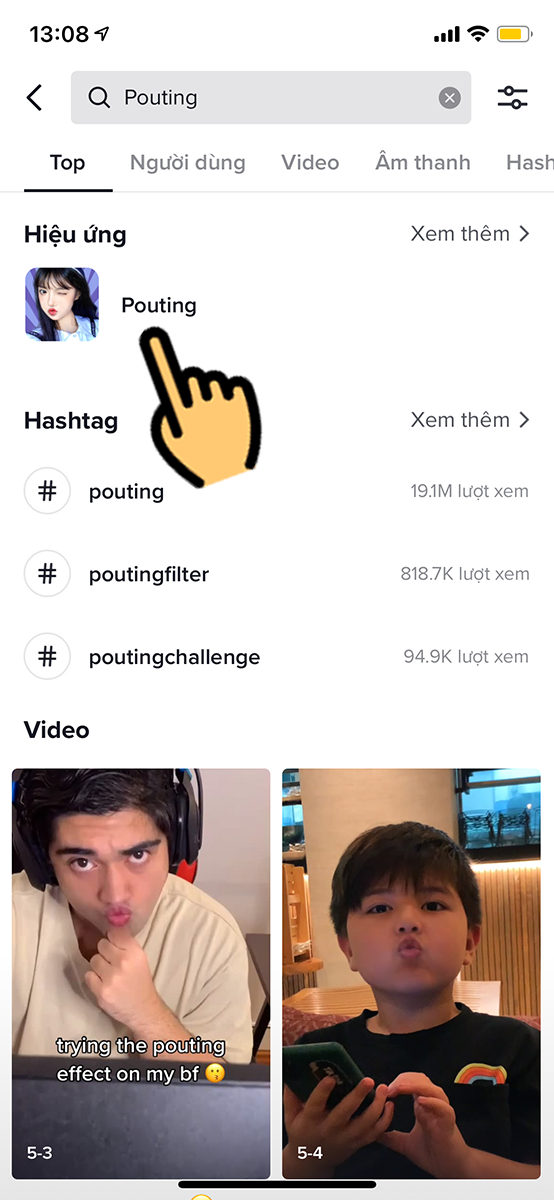 Chọn hiệu ứng Pouting