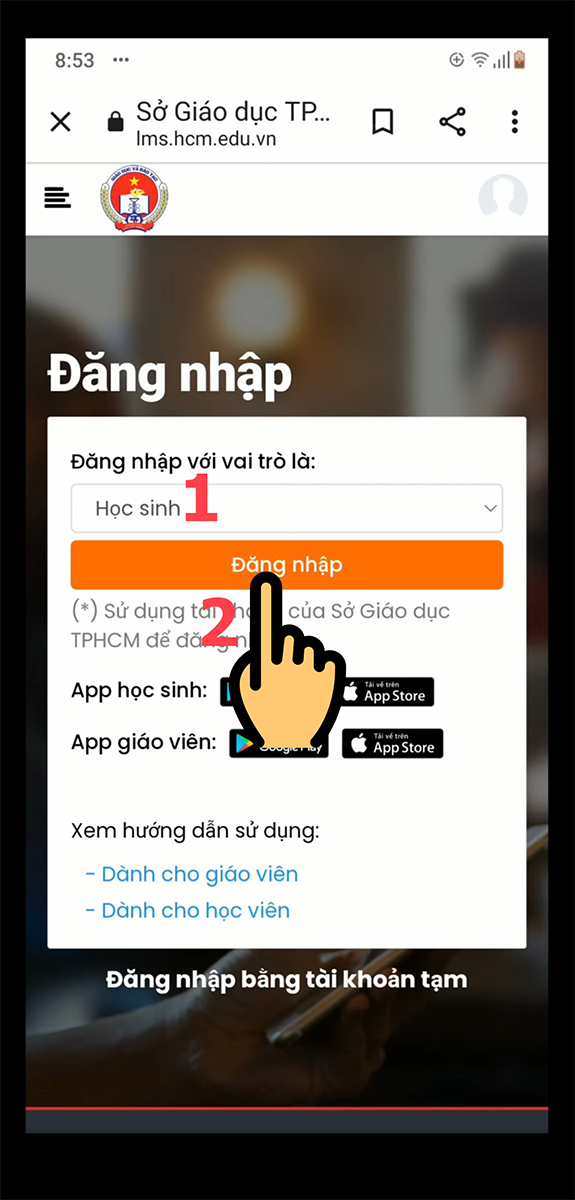 Chọn Đăng nhập với vai trò là Học sinh