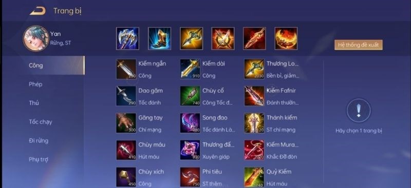 Trang bị đi rừng cho Yan