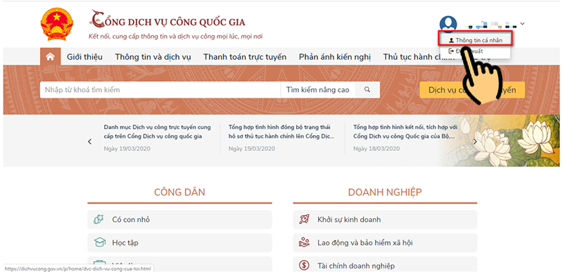 chọn menu Th&ocirc;ng tin c&aacute; nh&acirc;n