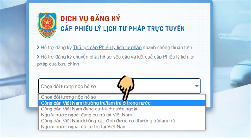 chọn đối tượng xin cấp lý lịch tư pháp