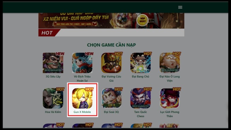 Bước 2:&nbsp;Chọn game&nbsp;Gun X Moblie&nbsp;(như h&igrave;nh b&ecirc;n dưới).