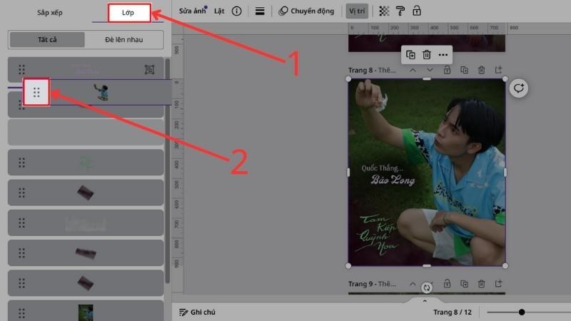 Bước 2: Chọn Lớp, rồi bạn chọn vào biểu tượng tại chi tiết mà bạn muốn sắp xếp thứ tự, sau đó nhấn giữ chuột và di chuyển chi tiết lên xuống tùy theo vị trí bạn muốn sắp xếp