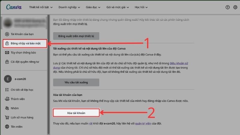 Chọn v&agrave;o mục&nbsp;Đăng nhập v&agrave; bảo mật, sau đ&oacute; bạn ấn v&agrave;o X&oacute;a t&agrave;i khoản