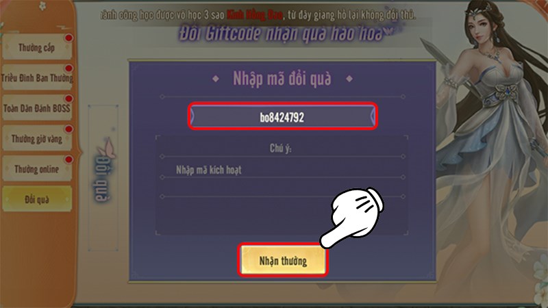Nhập code v&agrave; nhấn Nhận Thưởng