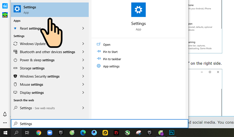 Bạn click vào biểu tượng tìm kiếm ở góc bên trái phía dưới và nhập Settings Bạn click vào biểu tượng tìm kiếm ở góc bên trái phía dưới và nhập Settings