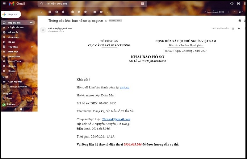 Truy cập v&agrave;o mail đ&atilde; điền trong form đăng k&iacute; để xem thư Th&ocirc;ng b&aacute;o khai b&aacute;o hồ sơ tại csgt.vn