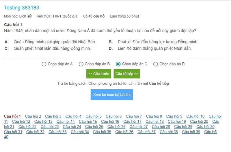 Click chọn đáp án và nhấn nút Câu kế tiếp