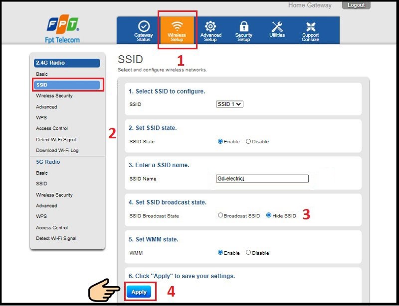 Kéo xuống đến mục Set SSID broadcast State chọn Hide SSID Kéo xuống đến mục Set SSID broadcast State chọn Hide SSID