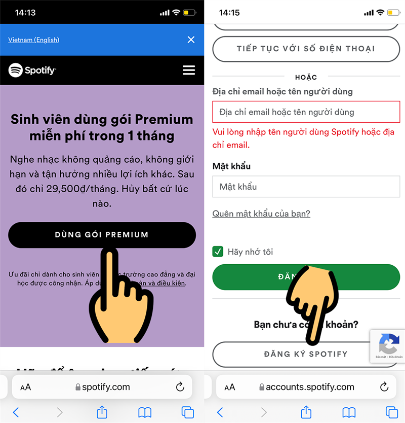 Chọn Dùng gói Premium và nhấn Đăng kí Spotify.