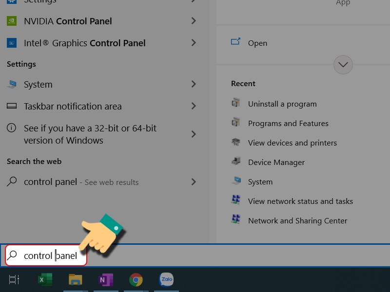 G&otilde; t&igrave;m kiếm Control Panel tại thanh t&igrave;m kiếm