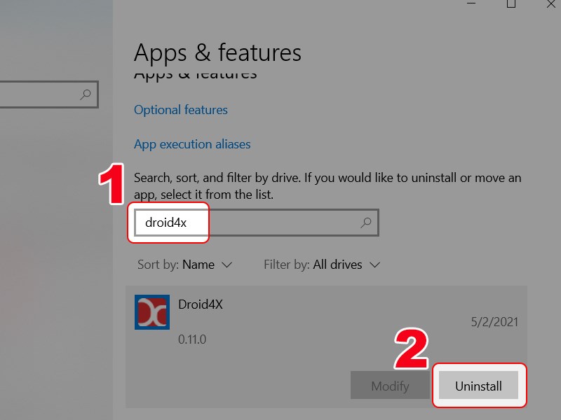 Nhấn v&agrave;o Droid4x v&agrave; chọn Uninstall