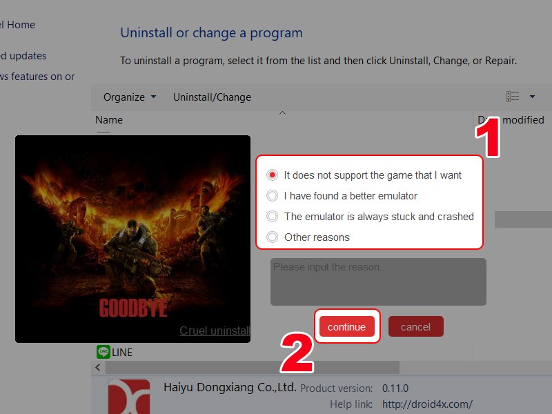 Chọn l&yacute; do gỡ c&agrave;i đặt
