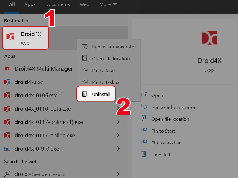 Nhấn chuột phải v&agrave;o Droid4x v&agrave; chọn Uninstall