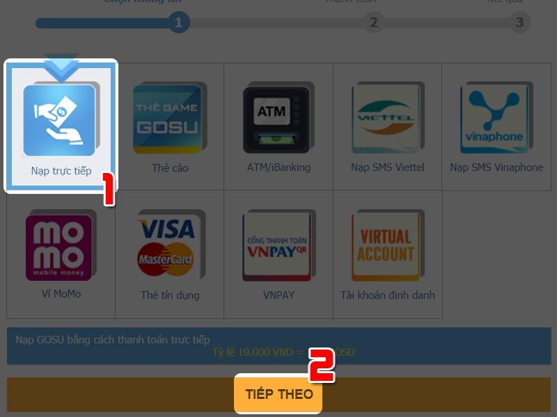 Chọn Nạp trực tiếp v&agrave; chọn TIẾP THEO