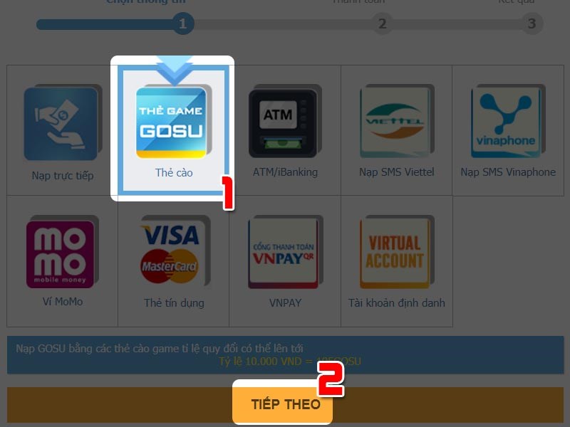 Chọn h&igrave;nh thức nạp thẻ GOSU