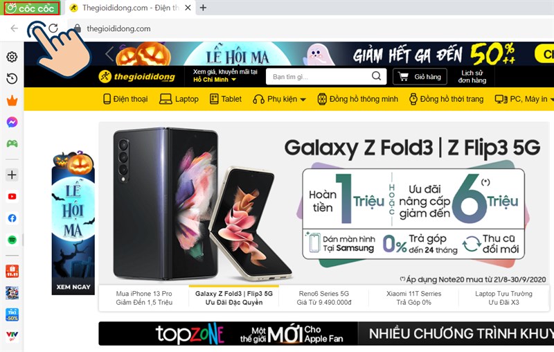 Chọn v&agrave;o biểu tượng Cốc Cốc ở g&oacute;c tr&aacute;i tr&ecirc;n m&agrave;n h&igrave;nh