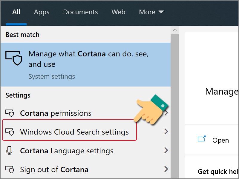 Chọn Windows Cloud Search setting