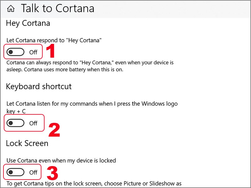 Chuyển sang chế độ off trong Talk to Cortana