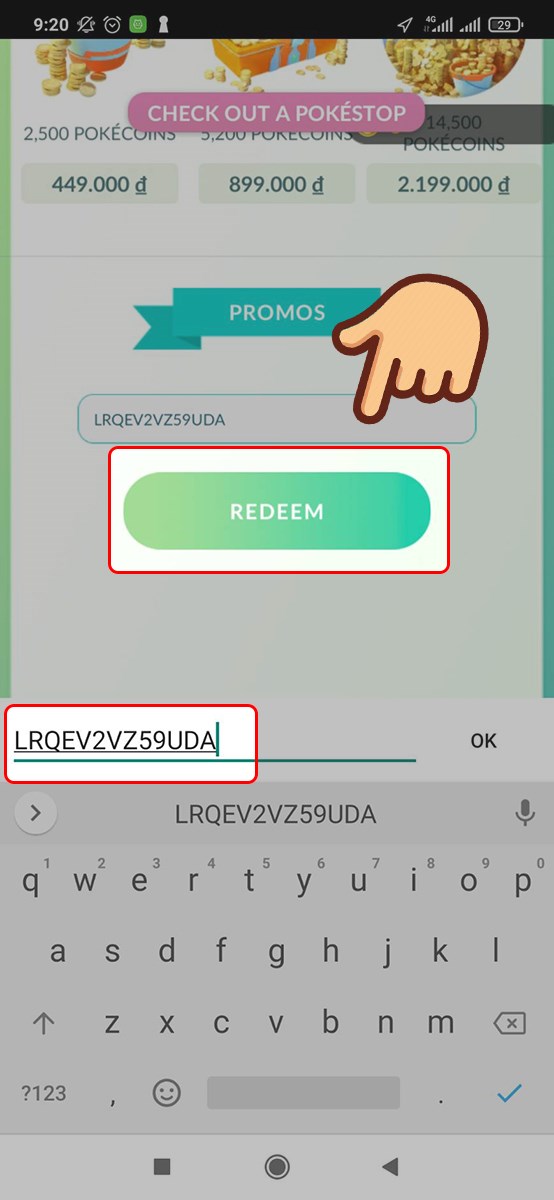 Nhập code và chọn REDEEM