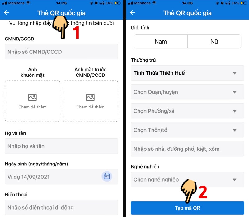 Nhập đầy đủ c&aacute;c th&ocirc;ng tin c&aacute; nh&acirc;n v&agrave; nhấn n&uacute;t Tạo m&atilde; QR