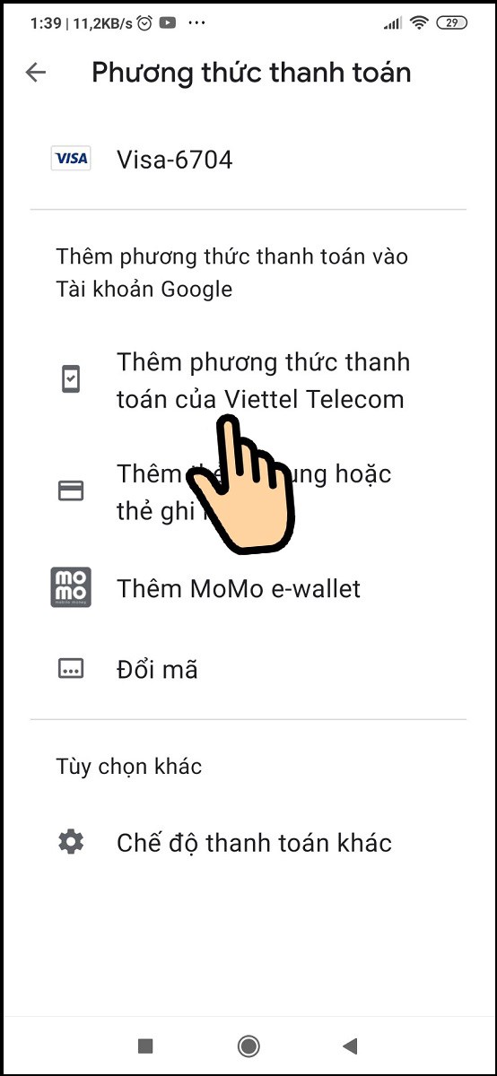 Chọn Thêm phương thức thanh toán của Viettel Telecom