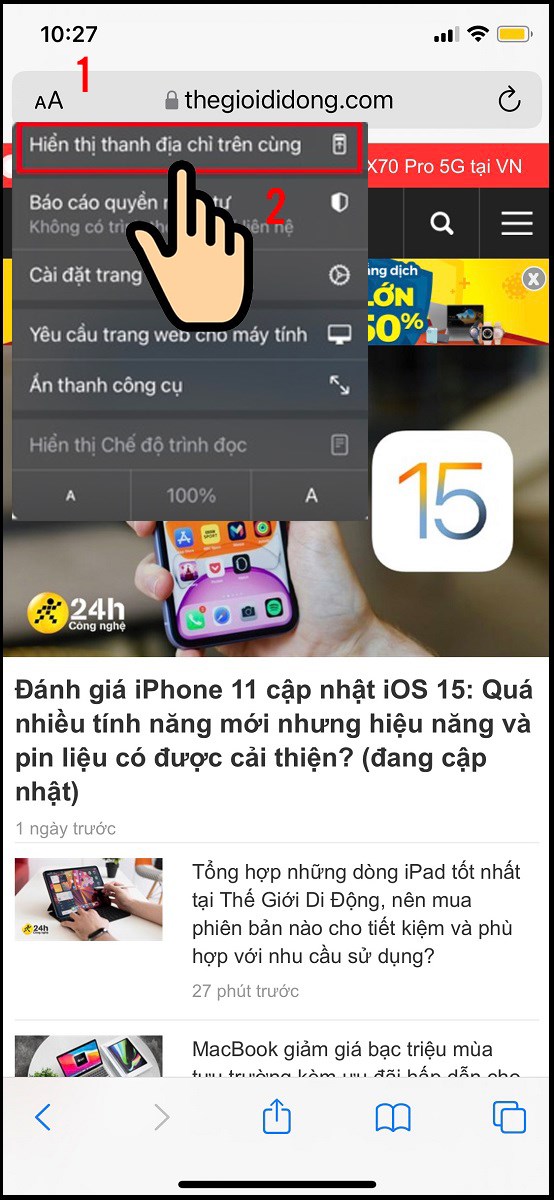 Nhấn v&agrave;o vị tr&iacute; c&oacute; biểu tượng aA ở thanh địa chỉ v&agrave; chọn Hiển thị thanh địa chỉ tr&ecirc;n c&ugrave;ng